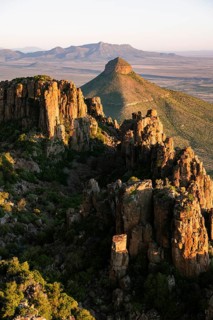 View of the Valley of Desolation at sunset, eroded rock needles from Dolorit, Camdeboo National