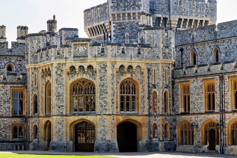 Tiered Gothic windows and a projecting bay mark the State Apartments entrance in Windsor Castle's