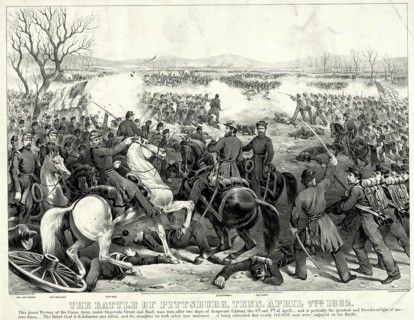 This lithograph depicts *The Battle of Pittsburg, Tenn, 7 April 1862*, known as the Battle of