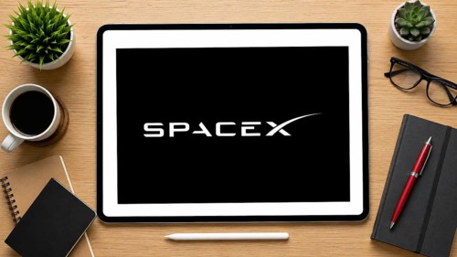 In this photo illustration, an iPad displays the Spacex logo on a minimalist wooden office desk, in