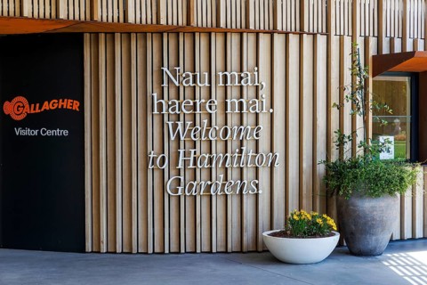 Welcome sign to the enclosed gardens at Hamilton Gardens, Waikato, New Zealand
