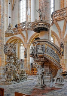 Tulip pulpit and miner's pulpit, Freiberger Dom St. Marien, religious building, interior, Silberweg