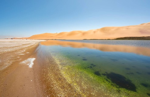 Sand dunes are reflected in Sandwich Harbour Lagoon, Impressive Desert Landscape, Namib Naukluft