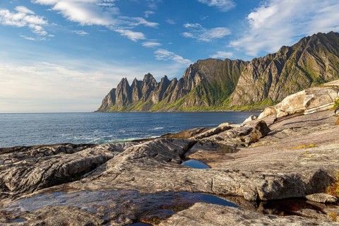 Scenic view of Tungeneset viewpoint and Okshornan Mountains on Senja Island, Norway