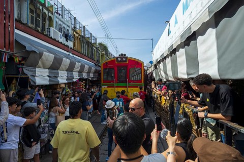 Tourist attraction, Railway Market in Mae Klong, Samut Songkhram Province, Thailand
