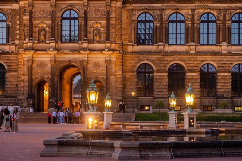 The reconstrated Zwingerhof, also pleasure garden, at the blue hour, Dresden, Saxony, Germany
