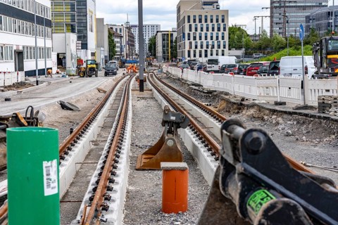 Large construction site in the city center of Essen, Hachestraße, the construction of new tracks