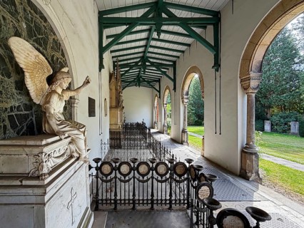 Tomb complex in the gatehouse, arched entrance building by Ludwig Droste, Engesohde City Cemetery,