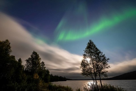 The Northern Lights (Aurora borealis) over a lake in the moonlight, Gällivare, Norrbotten, Lapland,