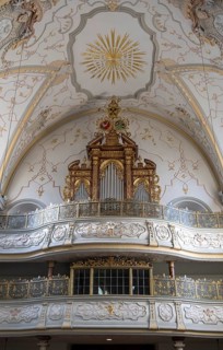 Two-storey organ gallery with historic organ, Müllner Kirche, City of Salzburg, Salzburger Land,