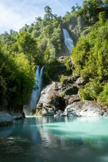 Cascadas Rio Blanco waterfalls and turquoise blue Rio Blanco river flows through temperate