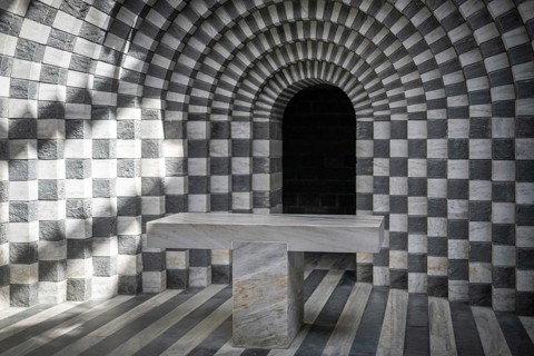 Altar in front of round arch, interior, Roman Catholic church of San Giovanni Battista, built in