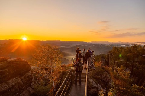 Sunrise on Basteifelsen, view from Ferdinandstein, Rathen, Saxony, Germany