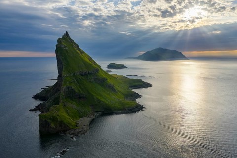 Tindhólmur, distinctive, steeply towering island, Vágar, Faroe Islands, Denmark