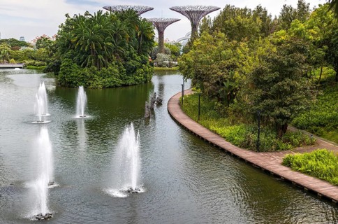 Wetland lake and walkway beside the Dragonfly Lake and Nibong Island beneath the Supertrees at