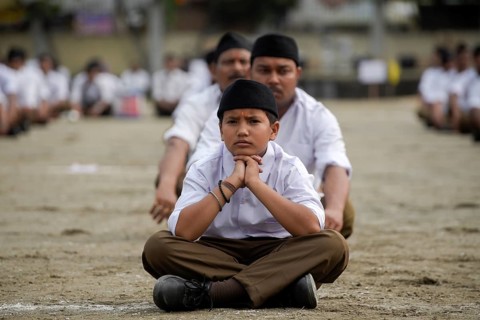Rashtriya Swayamsevak Sangh (RSS) volunteers participate in an annual event, in Guwahati, Assam,