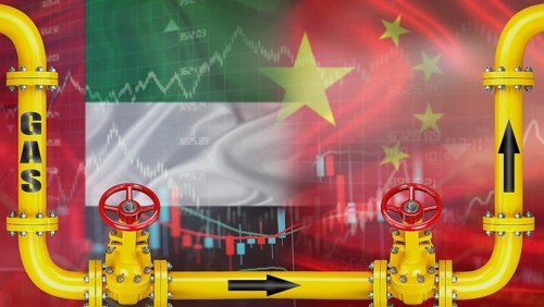 Gas exports from the United Arab Emirates to China on financial chart background. Emirati gas