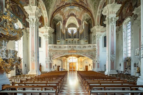 Interior and organ of St. Peter's Catholic Church in Mainz, Rhineland-Palatinate, Germany