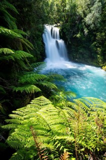 Cascadas Vejar waterfall on the turquoise blue Rio Negro river with fern, long exposure, Ruta de