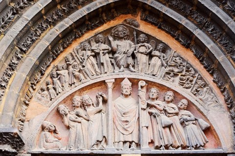 Relief at the entrance, Saint Martin Collegiate Church, Colmar, Haut-Rhin, Alsace, Grand Est,