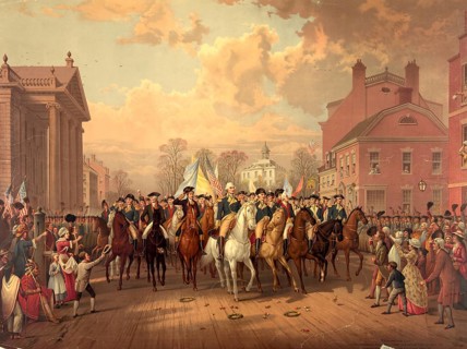 General George Washington's triumphant entry into New York City on November 25, 1783. This event is