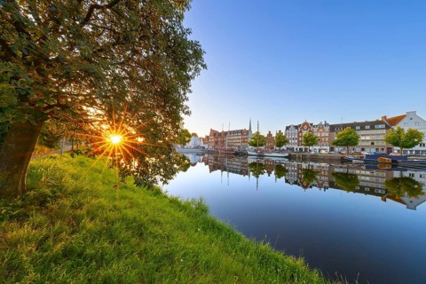 Museum harbour, Museumshafen Lübeck and traditional sailing ships berthed at the Untertrave in the