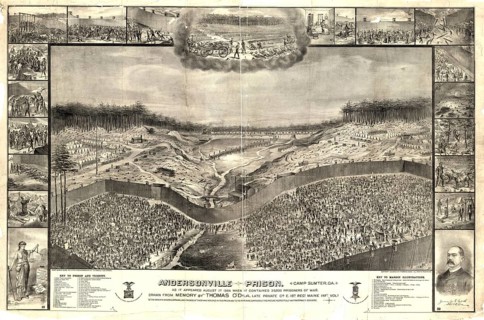 Lithograph of the notorious Confederate prisoner of war camp Andersonville, Camp Sumter, in