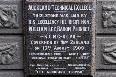 Foundation stone plaque for Auckland Technical College laid by Governor Baron Plunket 17 August