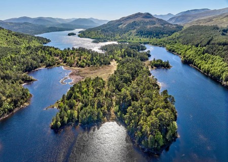 Aerial view of Loch Sealbhanach and Loch Mullardoc, a water reservoir with hydro electric power