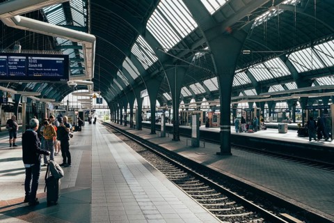Historic track hall, station concourse of Karlsruhe Central Station with its distinctive, arched