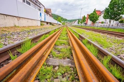 Rusty railroad tracks with grass and plants between the tracks, station conversion electrification