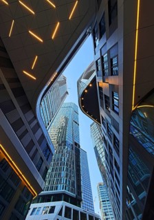 Frog's eye view of skyscrapers in the banking district, Four Frankfurt, Frankfurt am Main, Hesse,