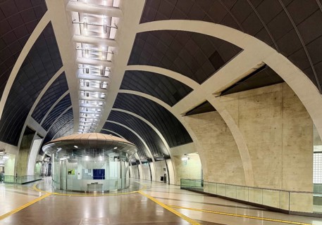 Heumarkt subway station, view of the sales pavilion in the dome room, Cologne, Rhineland, North