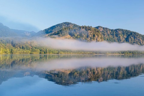 On an early autumn morning, a thin bank of fog hangs over the Almsee lake. Austria
