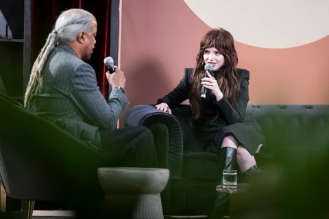 Sophie Thatcher talking to Elvis Mitchell in The Elvis Mitchell Suite during the 79th Cannes