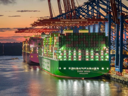 Aerial view at Waltershof harbour during the Blue Hour at Container Terminal Burchardkai (CTB) with