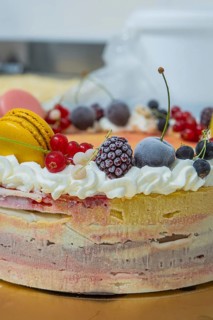 Ice cream cake decorated with fresh berries, macarons and cream, ice cream cake, Haselstaller Hof,