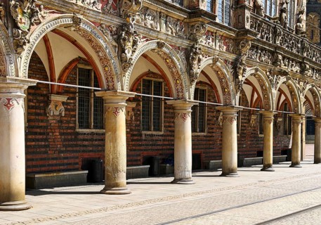 Arcade arches at Bremen City Hall, important brick Gothic and Weser Renaissance building, UNESCO