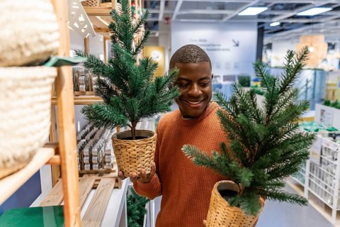 A smiling African American with a Christmas tree in his hands in store.