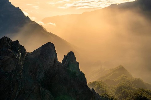 View of the Caldera de Taburiente from Pico de La Nieve at sunset and back light. La Palma, Canary