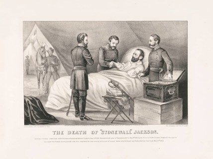 The historical lithograph shows Confederate General Thomas J. Stonewall Jackson on his deathbed in