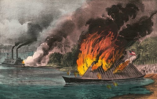 Lithograph depicting the burning Confederate armored ship CSS Arkansas on August 4, 1862 on the