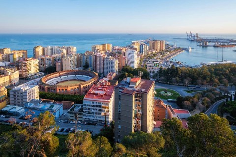 Aerial view of Plaza de Toros de La Malagueta bullring in Malaga, Spain, showing la malagueta
