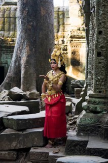 Young woman dressed as a temple dancer, Apsara, Ta Prohm, Angkor Wat, Angkor, UNESCO World Heritage