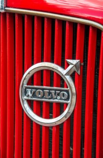 Volvo front emblem on a 1940 model truck serving as a vintage fire truck in Ystad, Skåne County,