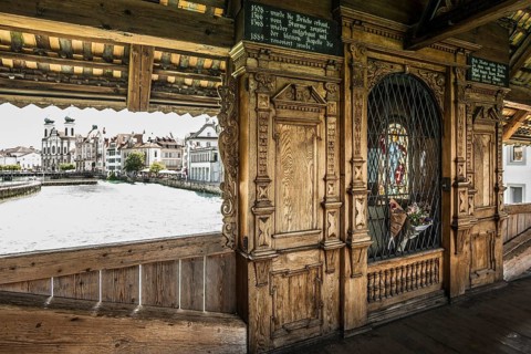 Historic wooden bridge over the Reuss, Spreuer Bridge, Lucerne, Lake Lucerne, Canton of Lucerne,