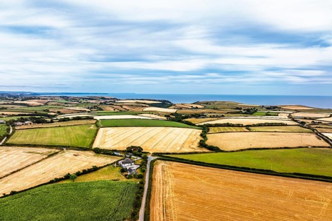 Cornwall Fields and Farms from a drone, Polruan, Cornwall, England, United Kingdom