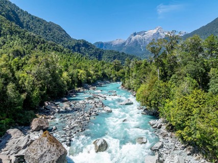 Valle Cholila mountain valley with Rio Blanco river, mountains and landscape near Hornopirén,