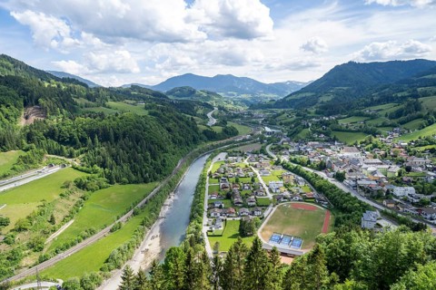 View from the castle of Werfen and the river Salzach, Hohenwerfen Fortress, Pongau, Salzburg state,