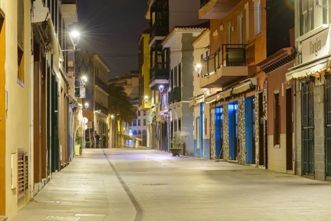 Night view of Calle Mequinez, one of the most atmospheric streets in the old fishing and harbour